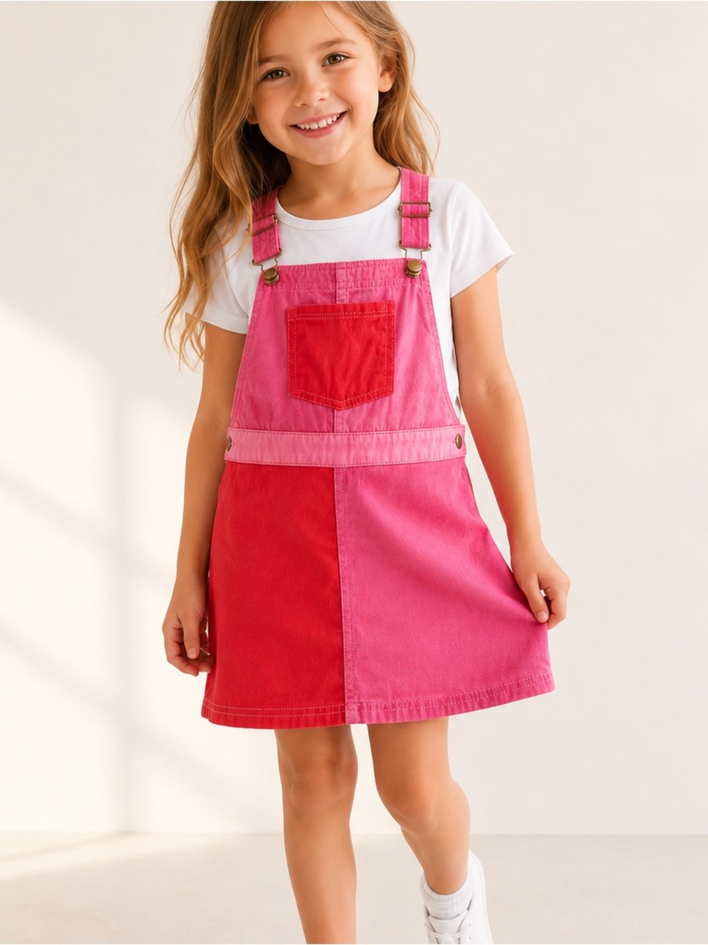 Max Studio Kids Pink Colorblock Denim Pinafore Dress Size 5 Adjustable Straps